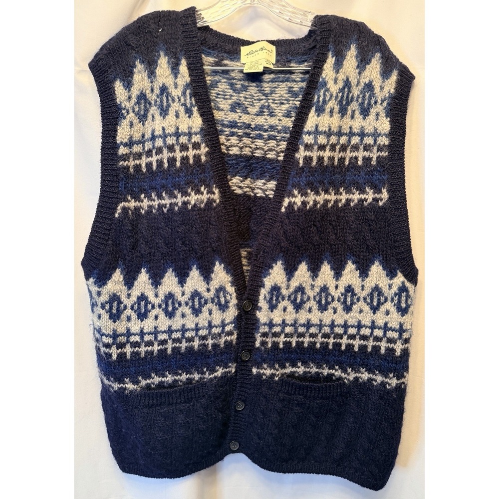 Vintage Eddie Bauer 100% Wool Men's Vest Medium Oversize Navy Blue White Grandpa